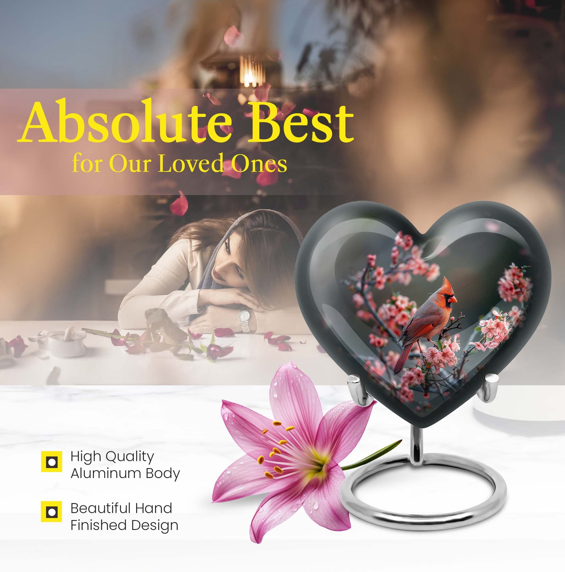 Heart-shaped Cardinal bird Memorial Urn