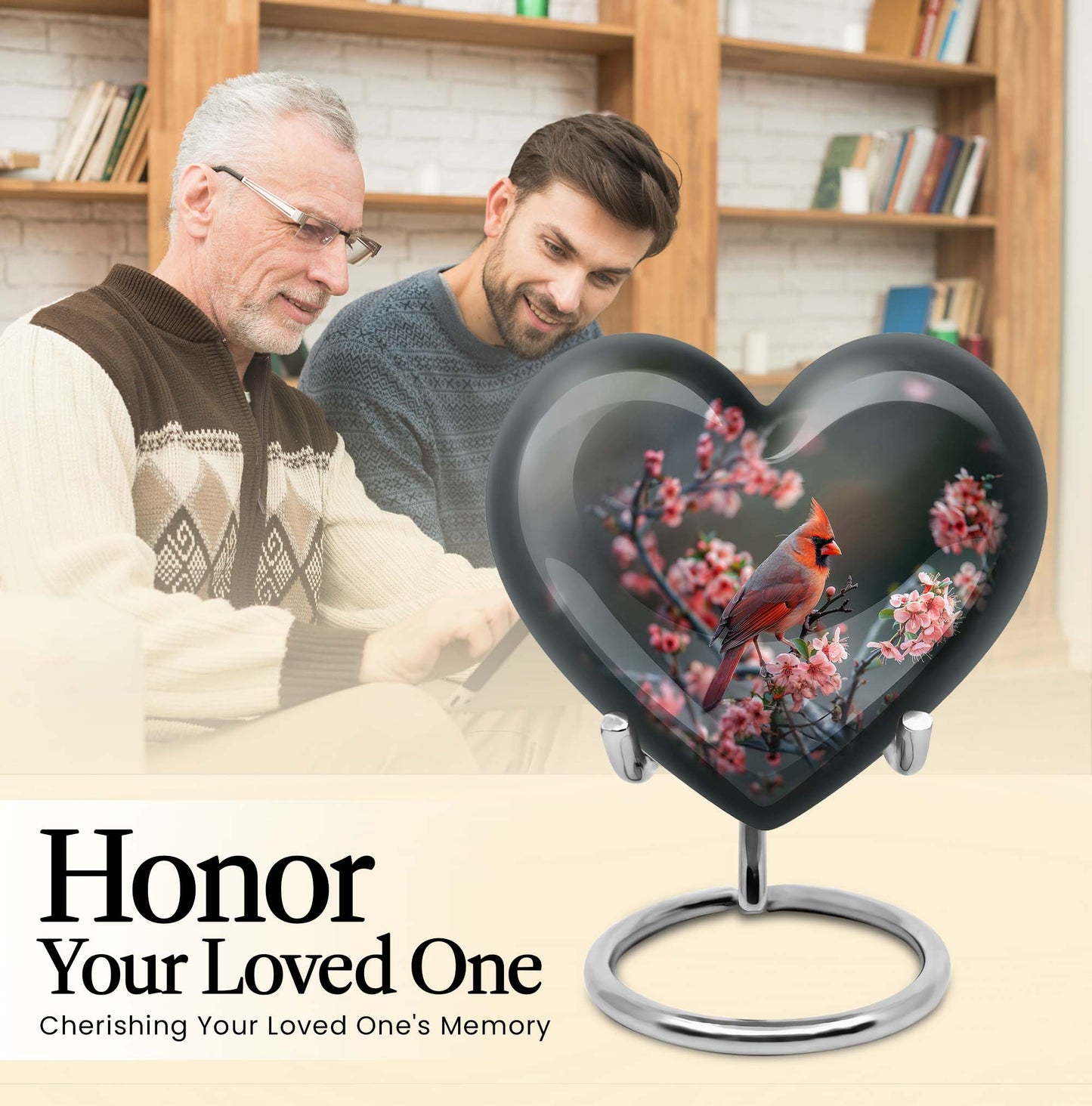 Heart-shaped Cardinal bird Memorial Urn