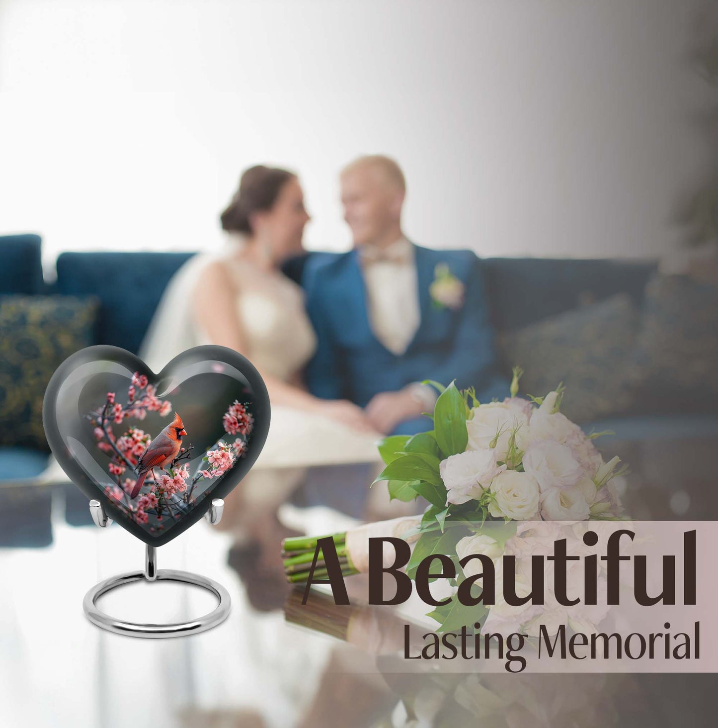 Heart-shaped Cardinal bird Memorial Urn
