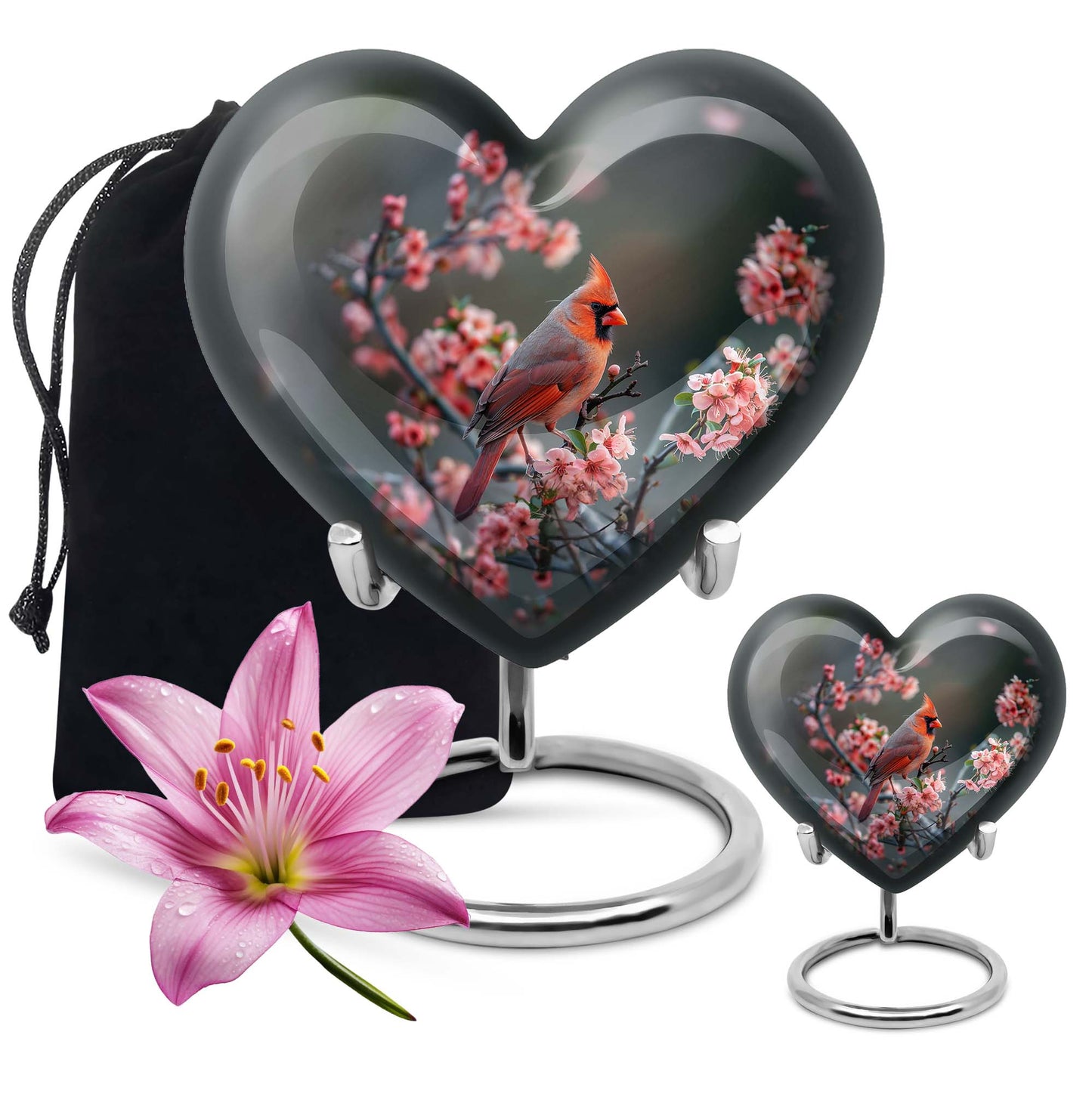 Heart-shaped Cardinal bird Memorial Urn