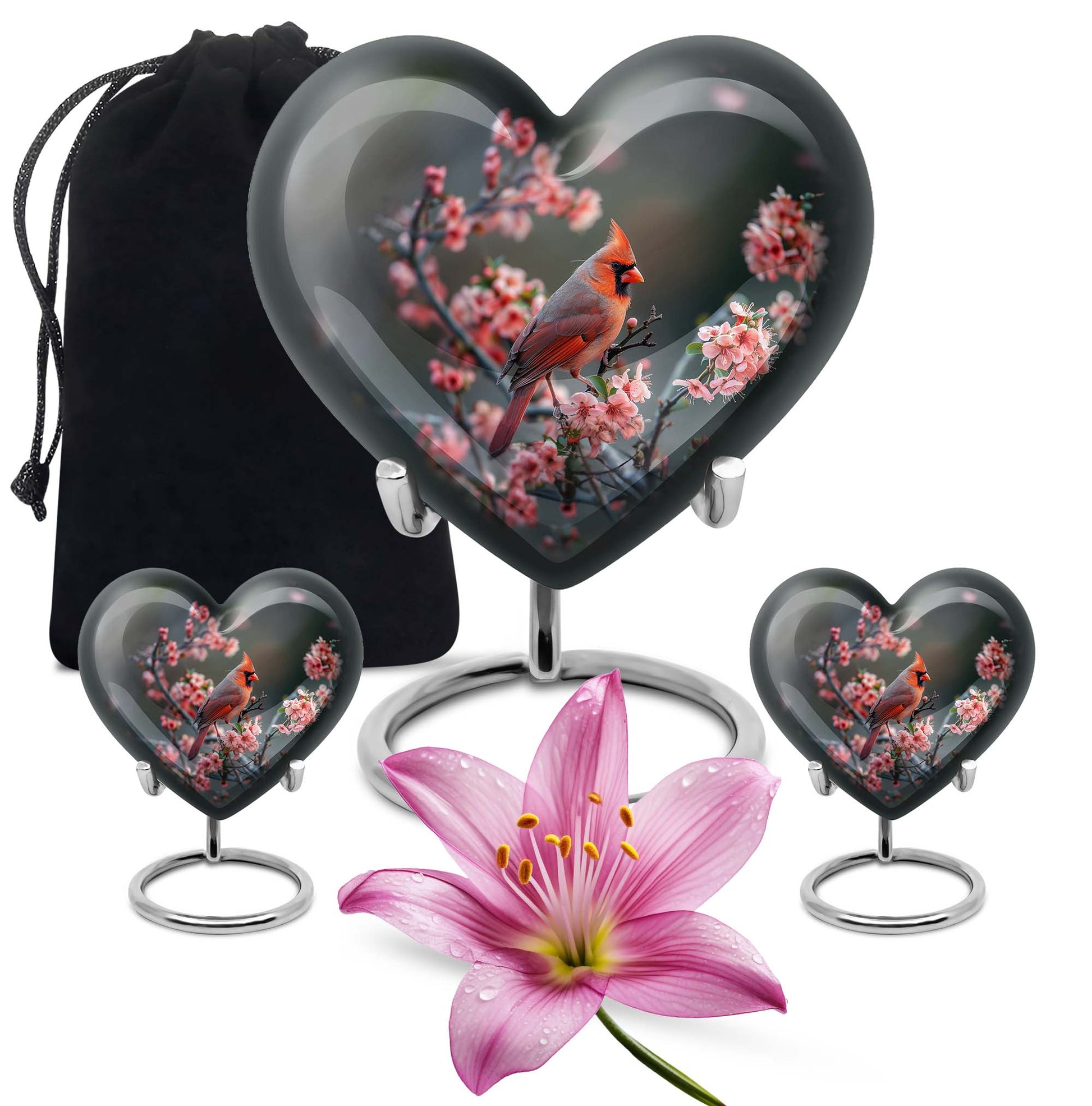 Heart-shaped Cardinal bird Memorial Urn