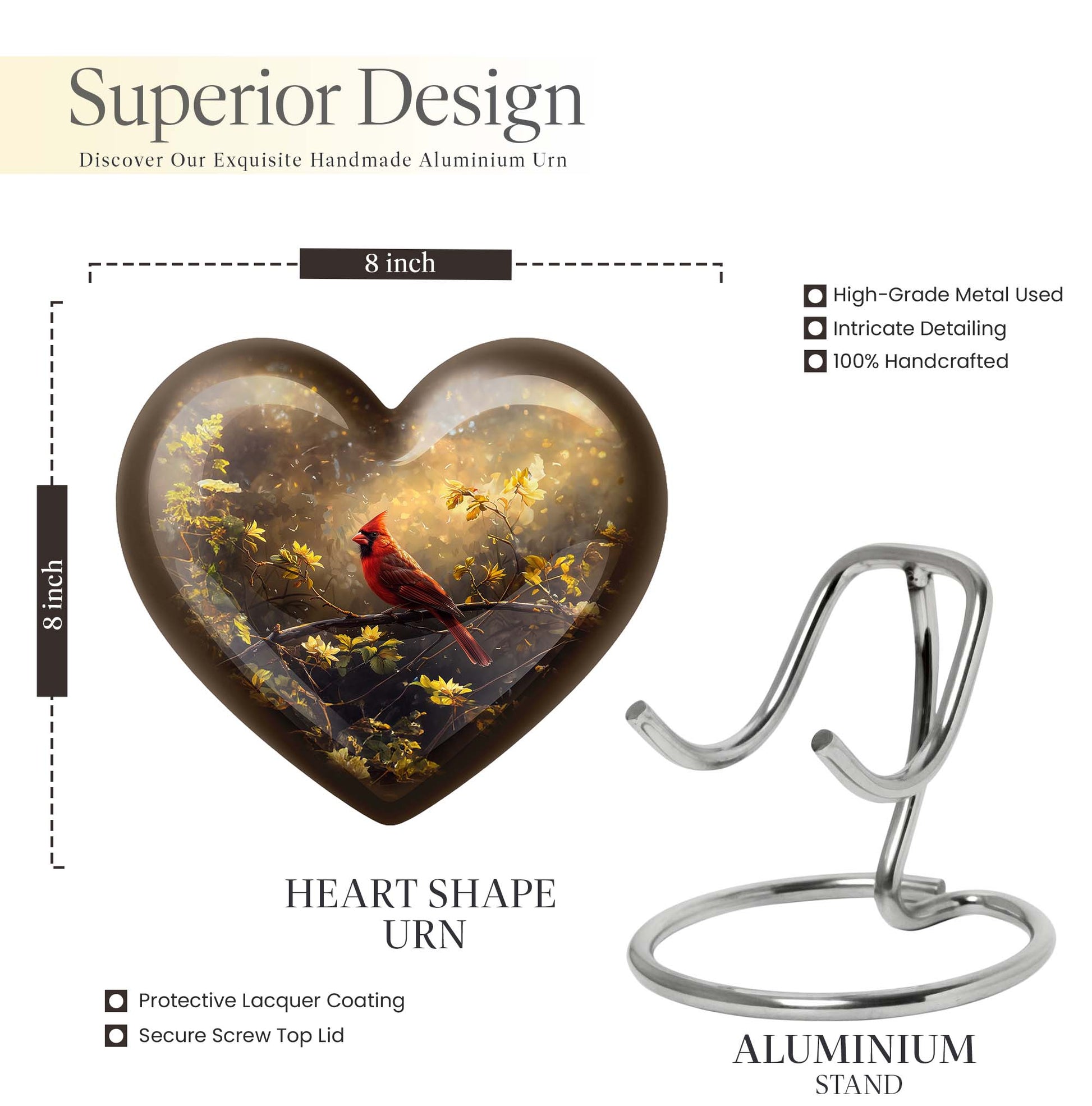 Cardinal Bird Heart-shaped Cremation Urn