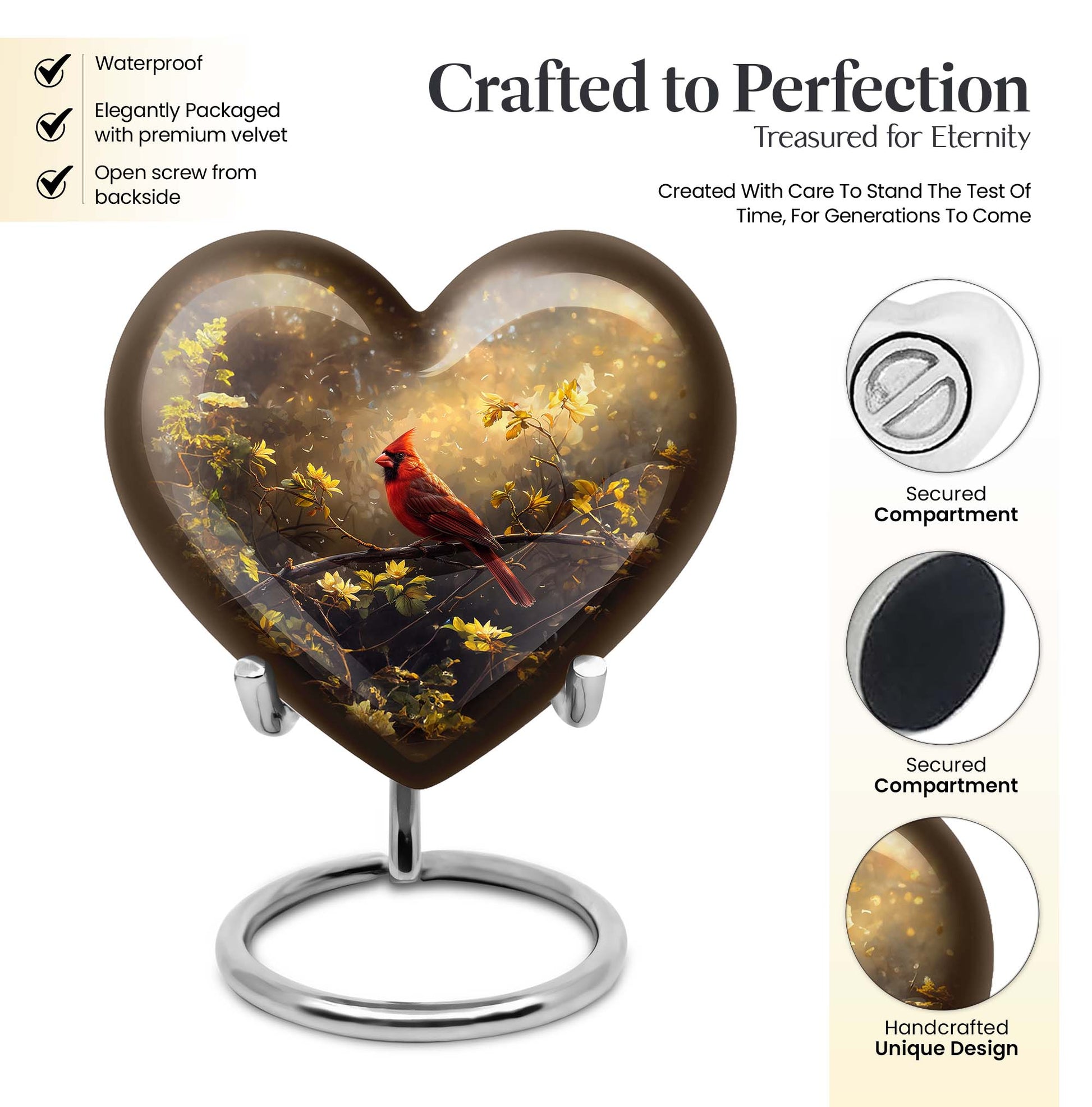 Cardinal Bird Heart-shaped Cremation Urn