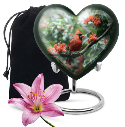 10-inch Heart Urn with Wolf Howling design, Cardinal bird funeral urn for burial