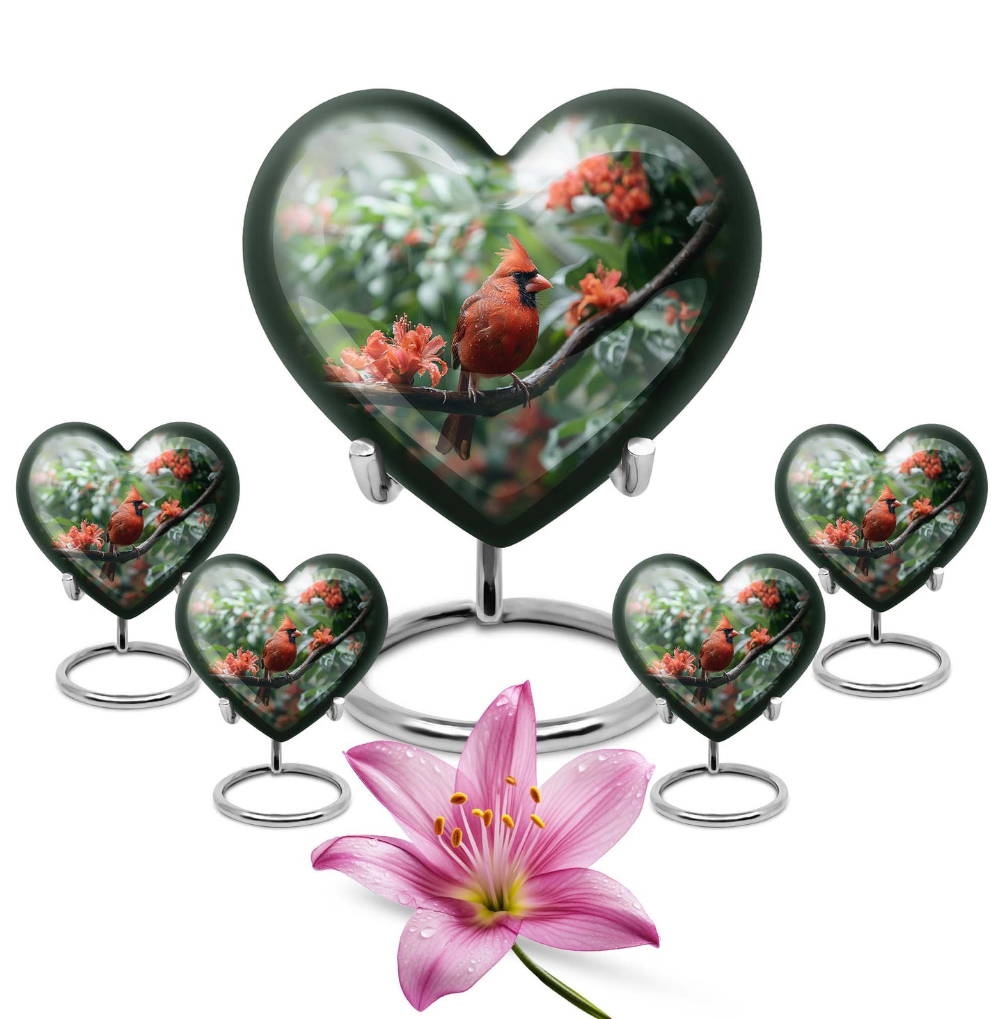 10-inch Heart Urn with Wolf Howling design, Cardinal bird funeral urn for burial