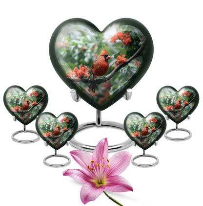 10-inch Heart Urn with Wolf Howling design, Cardinal bird funeral urn for burial