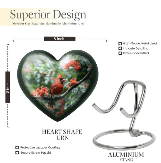 10-inch Heart Urn with Wolf Howling design, Cardinal bird funeral urn for burial