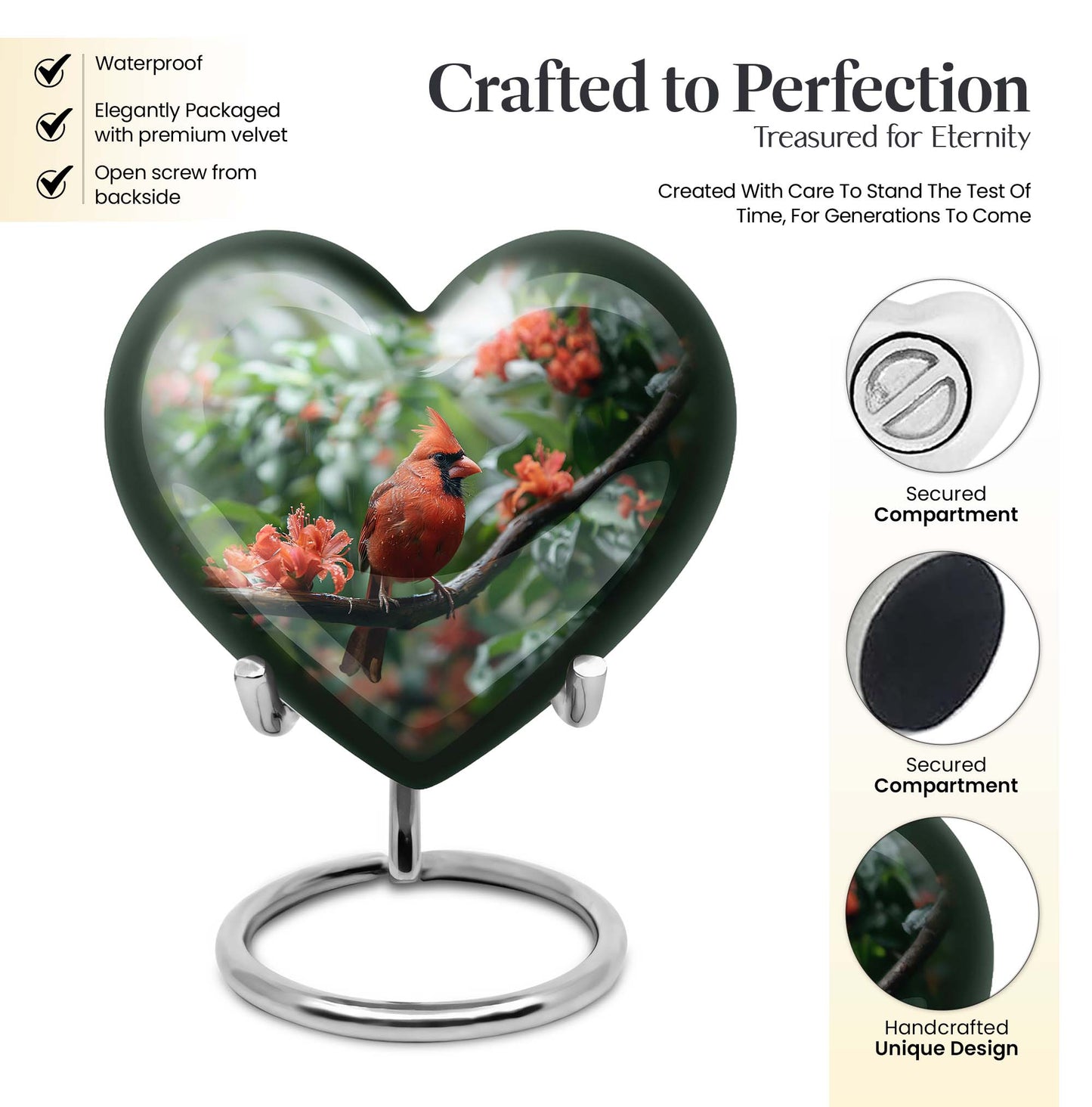 10-inch Heart Urn with Wolf Howling design, Cardinal bird funeral urn for burial