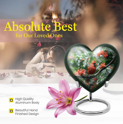 10-inch Heart Urn with Wolf Howling design, Cardinal bird funeral urn for burial