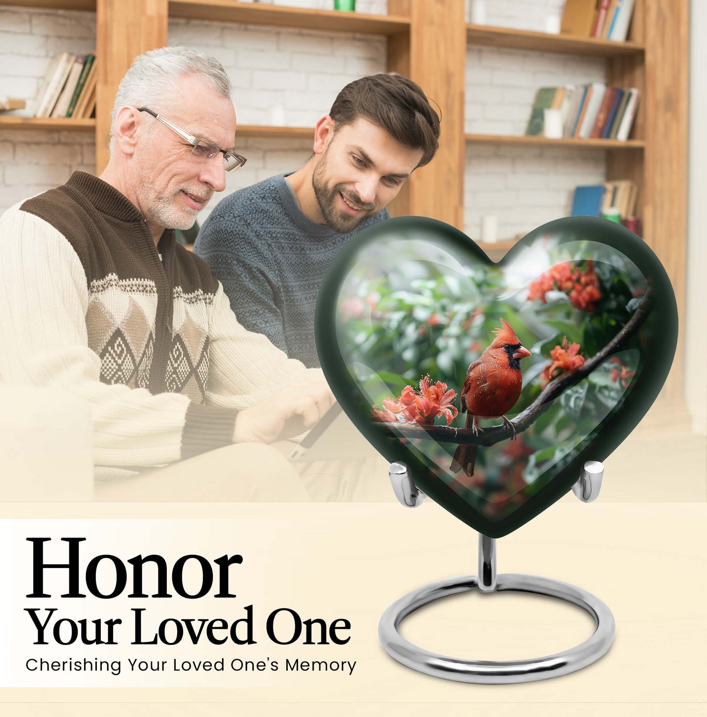 10-inch Heart Urn with Wolf Howling design, Cardinal bird funeral urn for burial