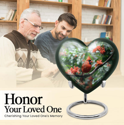 10-inch Heart Urn with Wolf Howling design, Cardinal bird funeral urn for burial