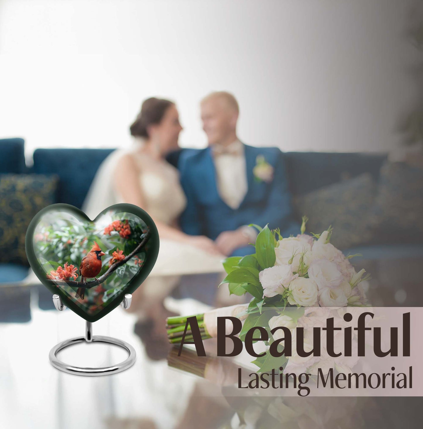 10-inch Heart Urn with Wolf Howling design, Cardinal bird funeral urn for burial