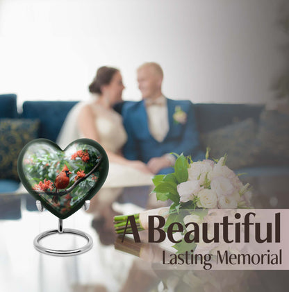 10-inch Heart Urn with Wolf Howling design, Cardinal bird funeral urn for burial