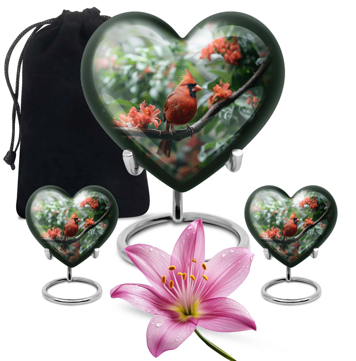 10-inch Heart Urn with Wolf Howling design, Cardinal bird funeral urn for burial