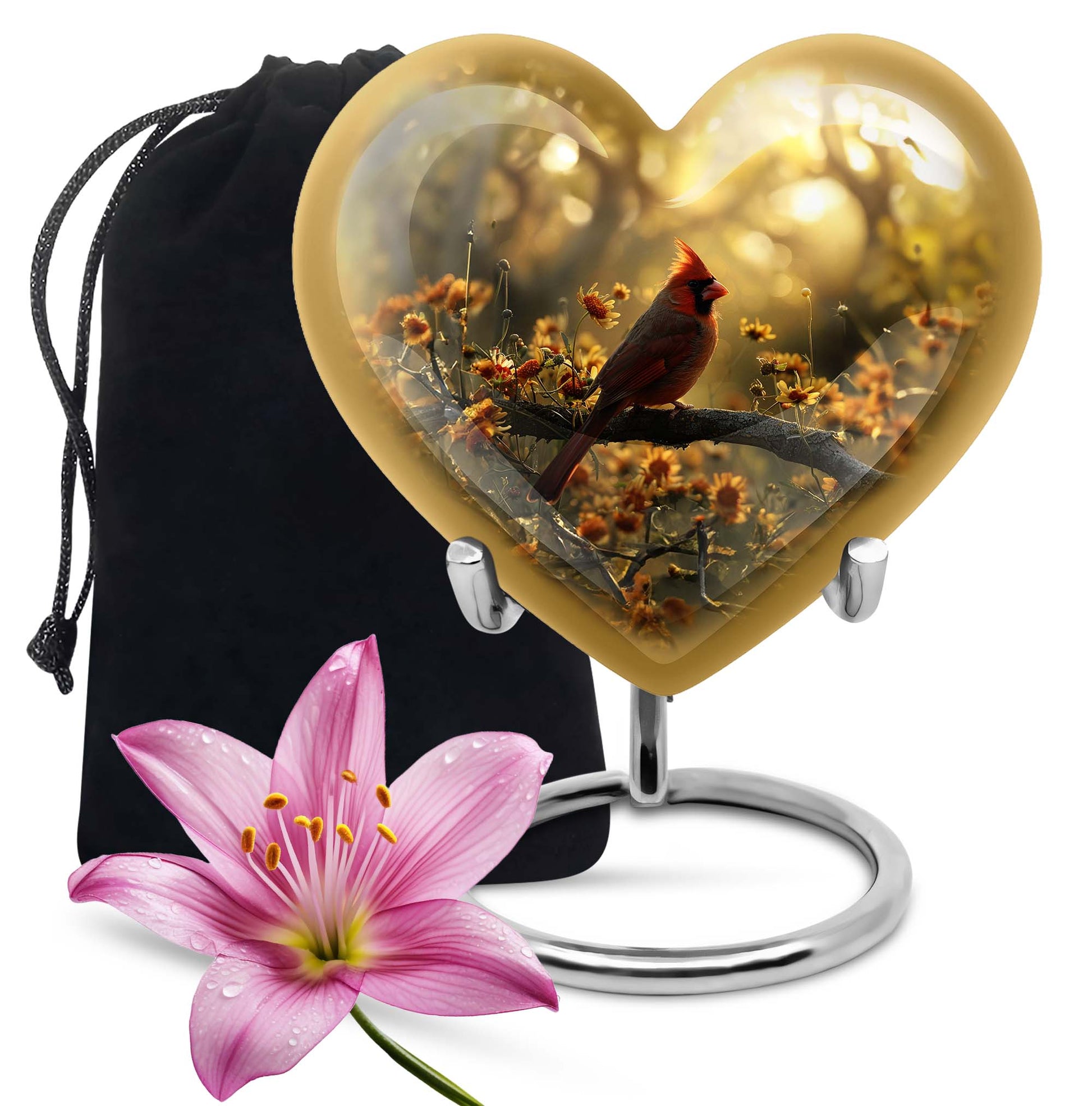 Cardinal bird 10-inch aluminum heart urn for adult ashes with wolf howling theme