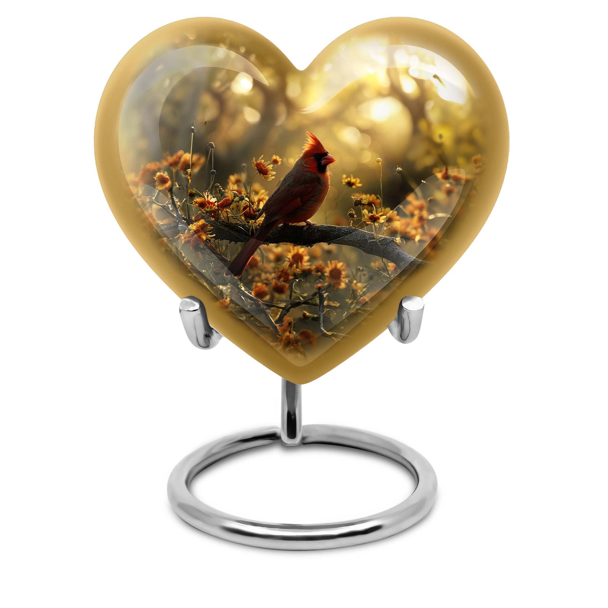 Cardinal bird 10-inch aluminum heart urn for adult ashes with wolf howling theme