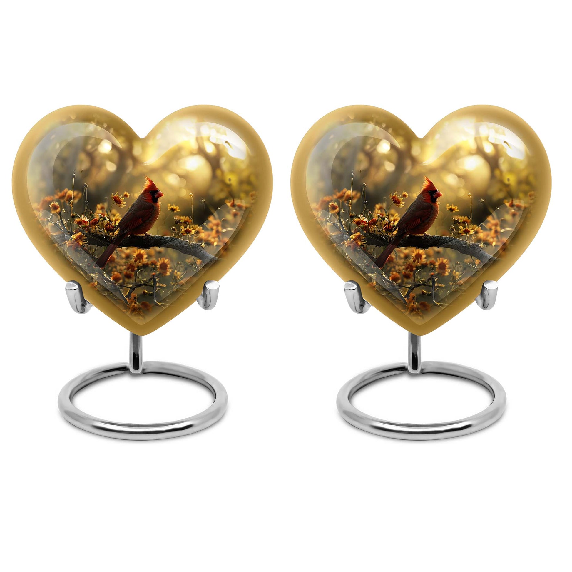 Cardinal bird 10-inch aluminum heart urn for adult ashes with wolf howling theme