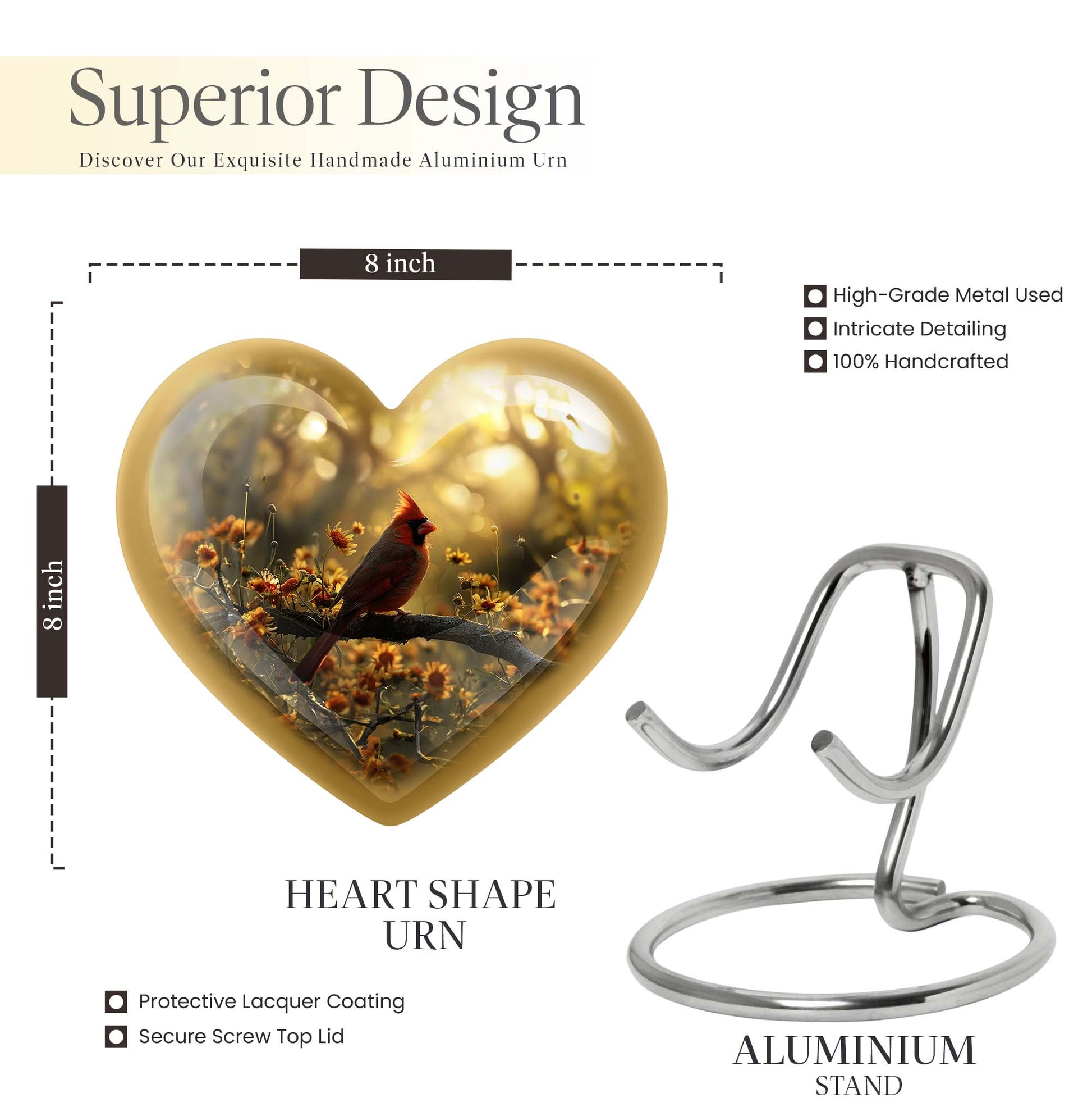 Cardinal bird 10-inch aluminum heart urn for adult ashes with wolf howling theme