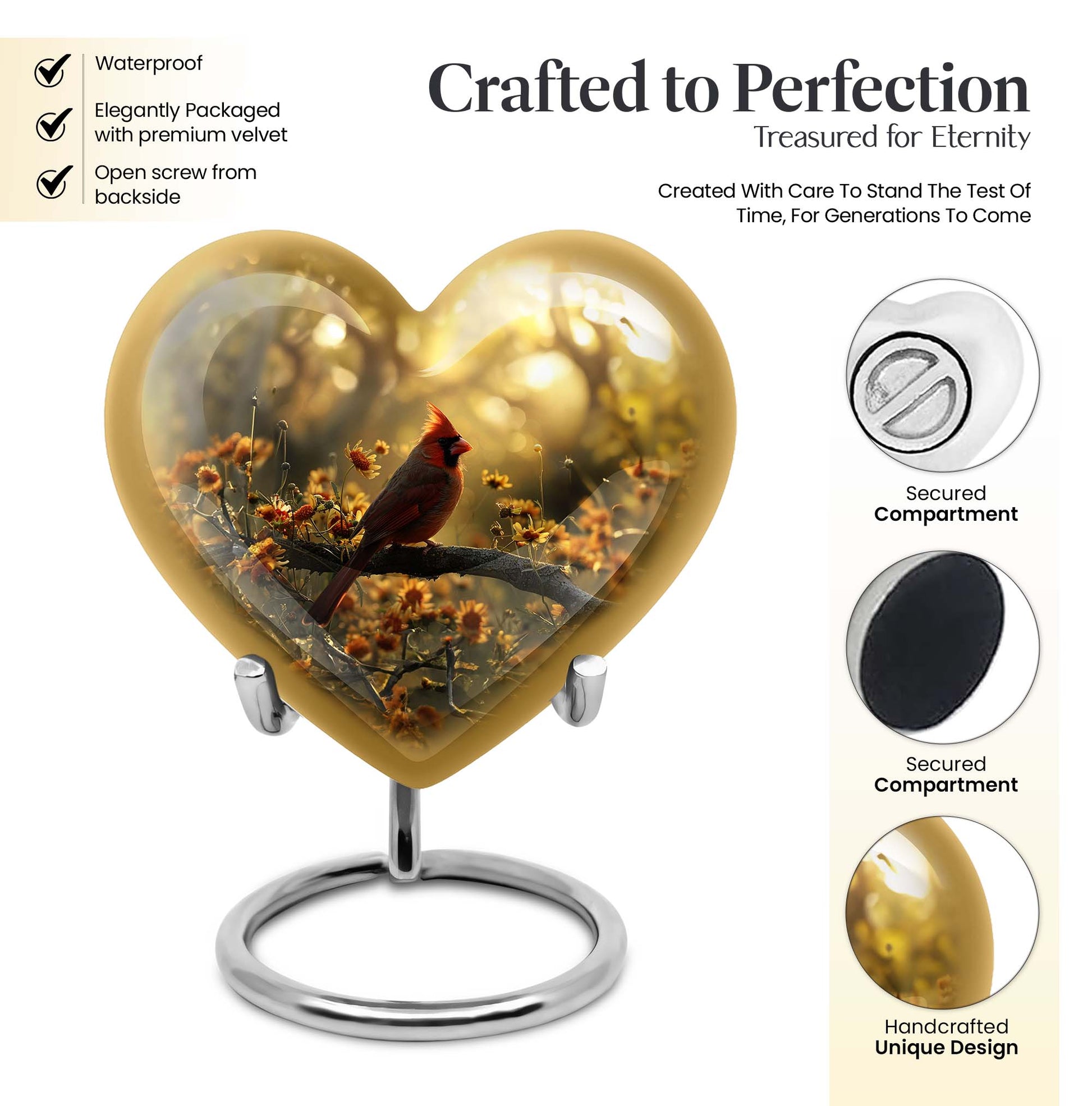 Cardinal bird 10-inch aluminum heart urn for adult ashes with wolf howling theme