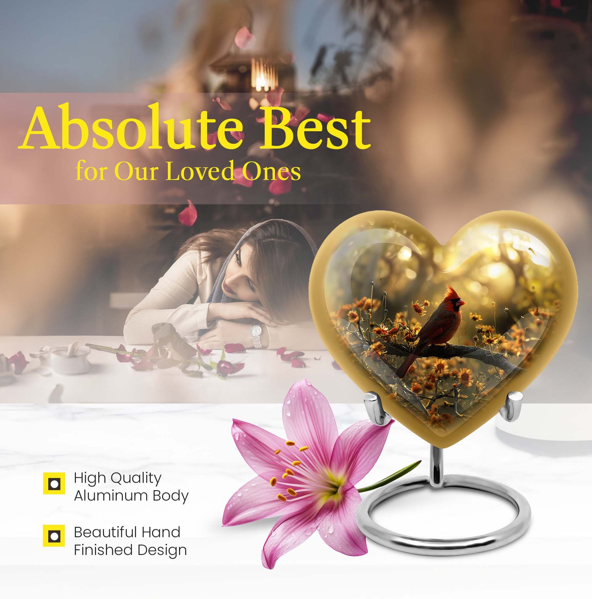 Cardinal bird 10-inch aluminum heart urn for adult ashes with wolf howling theme