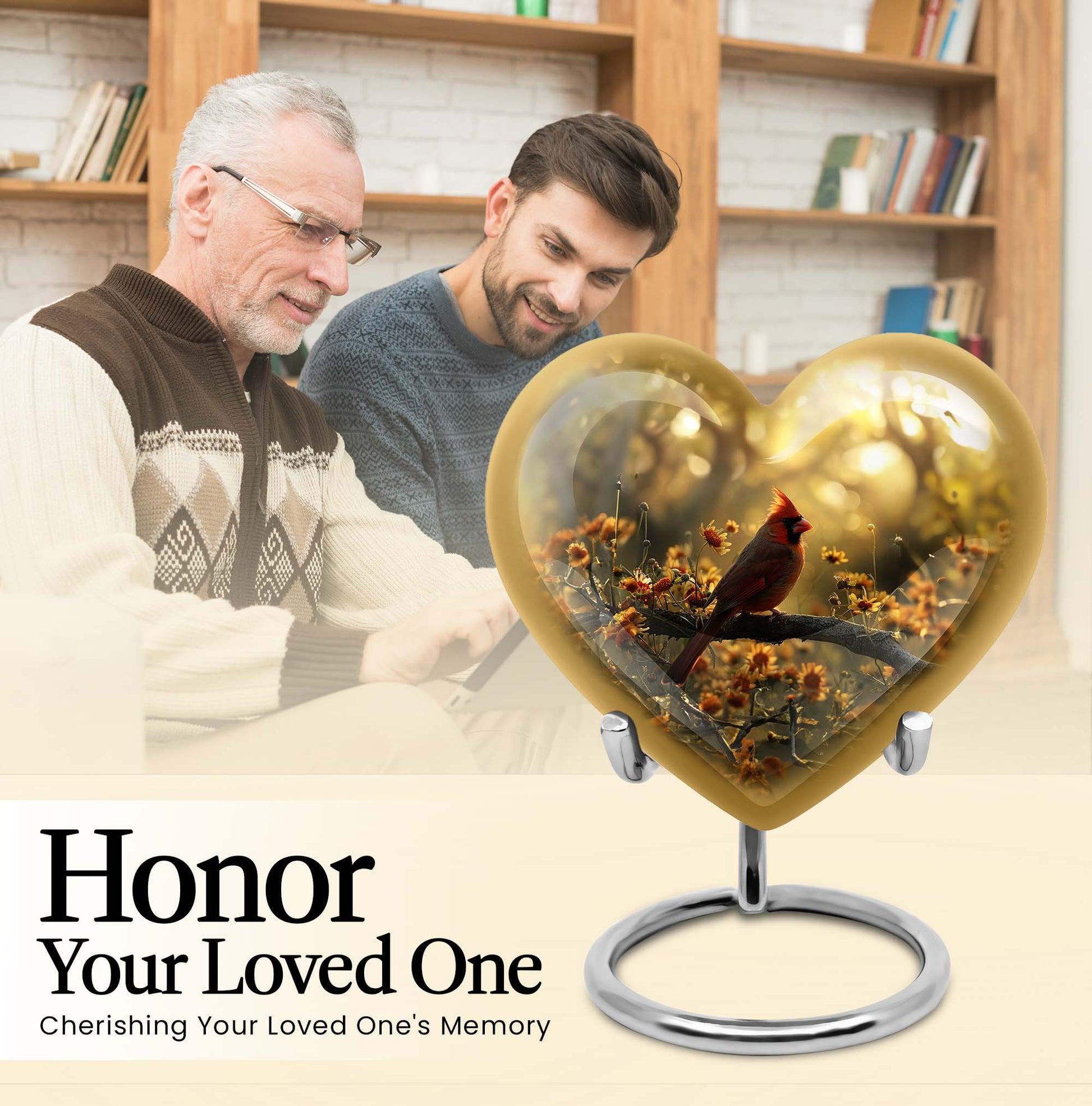 Cardinal bird 10-inch aluminum heart urn for adult ashes with wolf howling theme