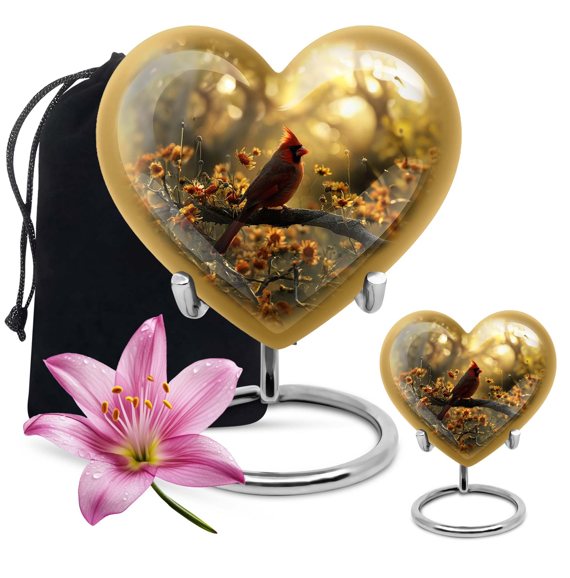 Cardinal bird 10-inch aluminum heart urn for adult ashes with wolf howling theme