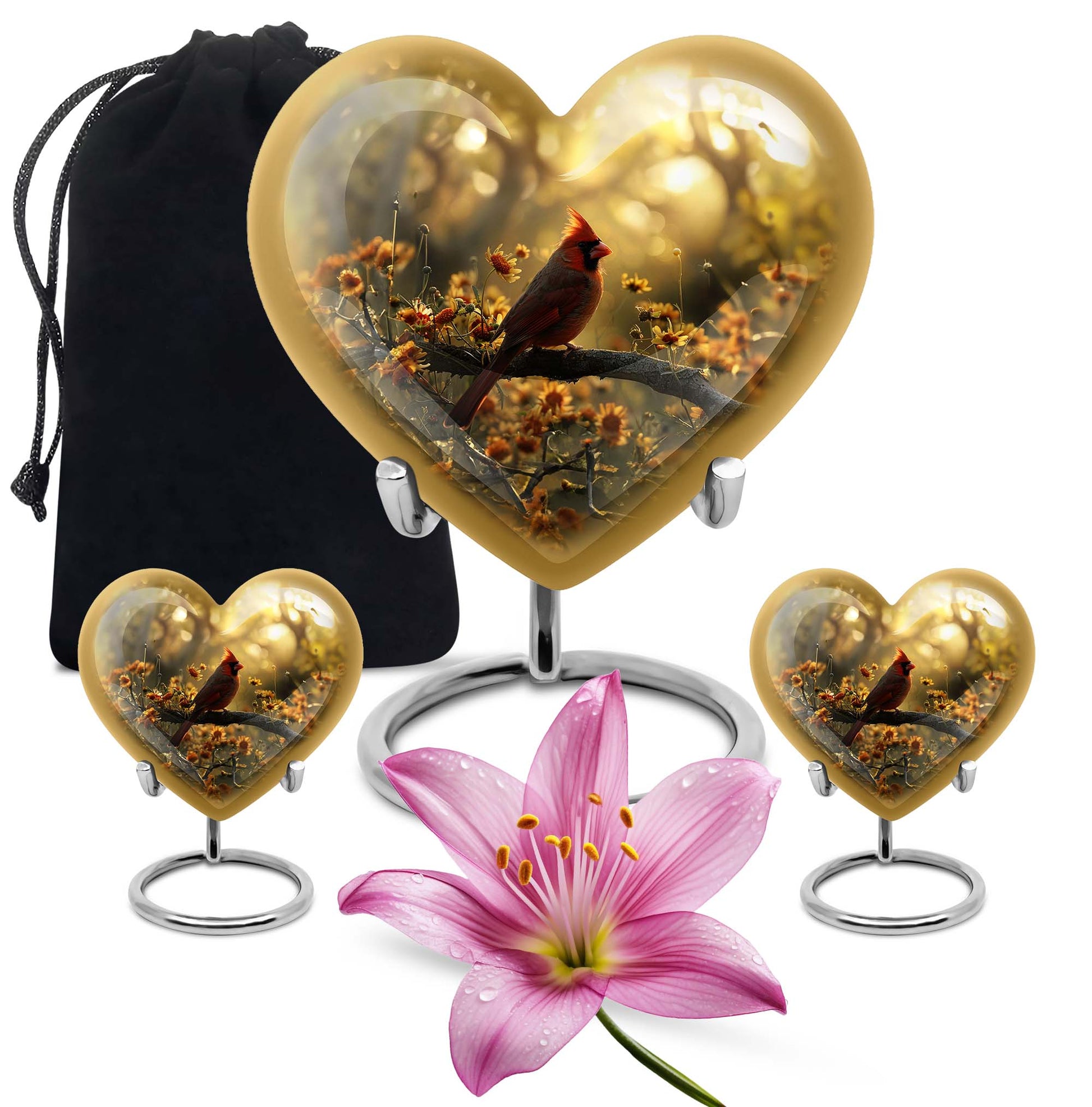 Cardinal bird 10-inch aluminum heart urn for adult ashes with wolf howling theme