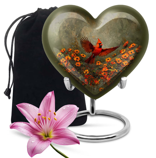 heart shaped Cardinal bird Urn