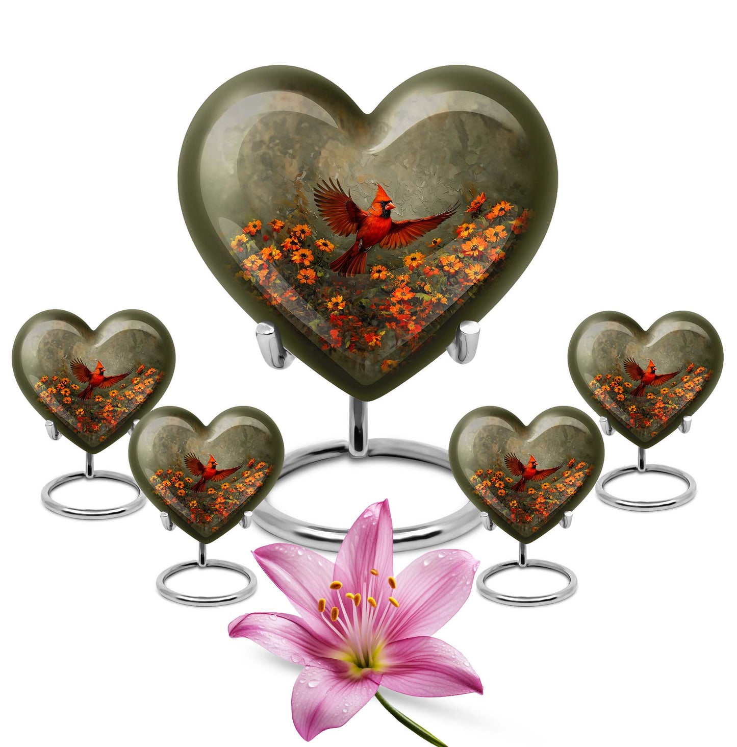 heart shaped Cardinal bird Urn