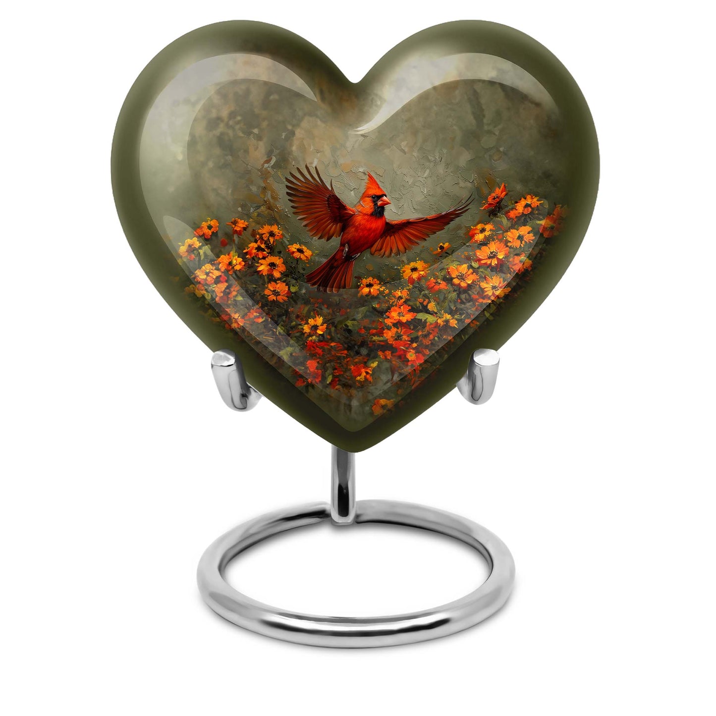 heart shaped Cardinal bird Urn