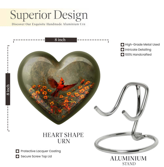 heart shaped Cardinal bird Urn