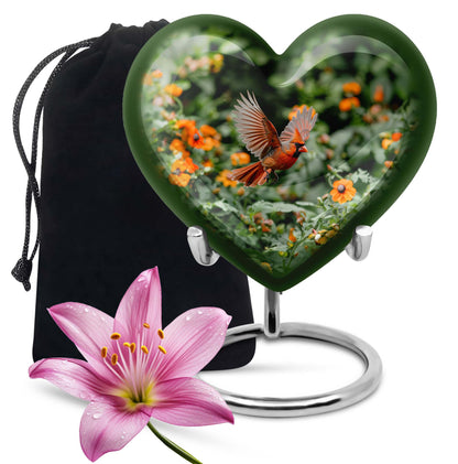 Heart-shaped Cardinal bird urn