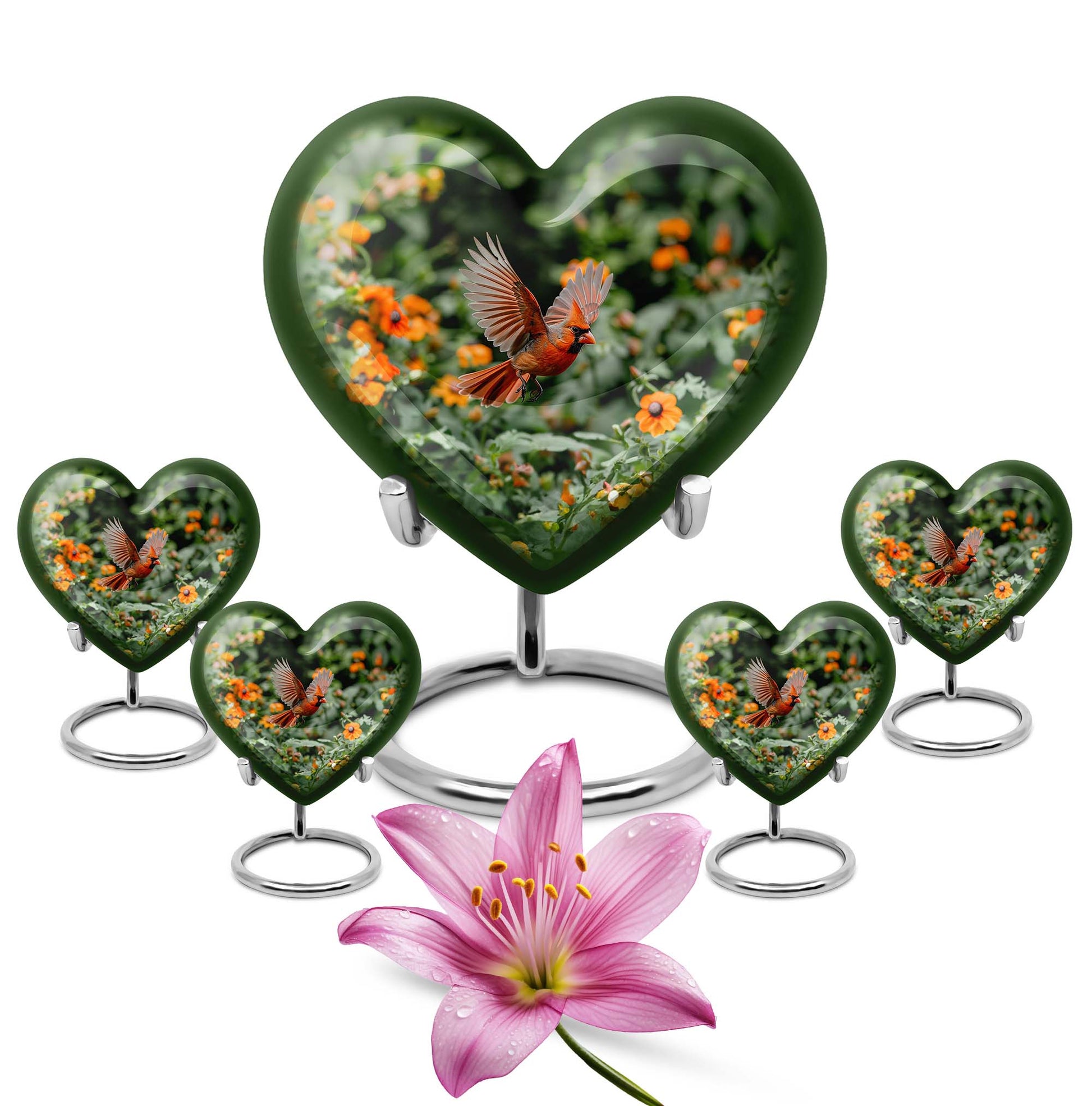 Heart-shaped Cardinal bird urn