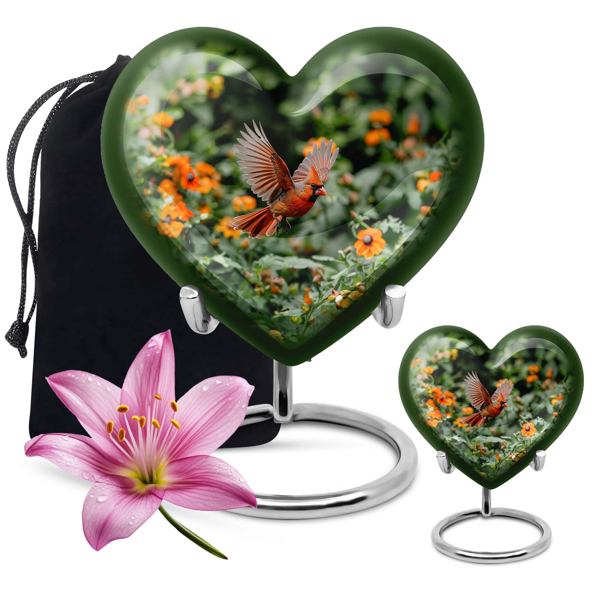Heart-shaped Cardinal bird urn