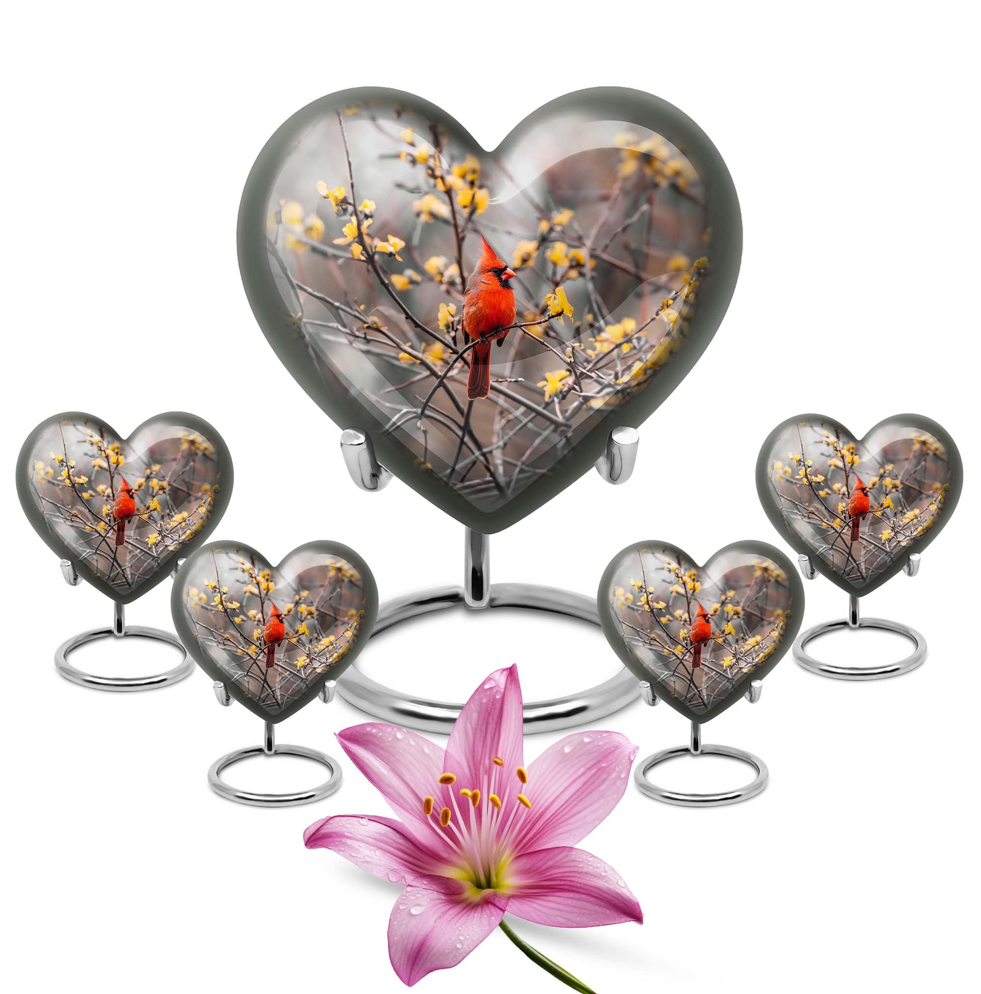 10-inch Cardinal bird heart urn with wolf theme