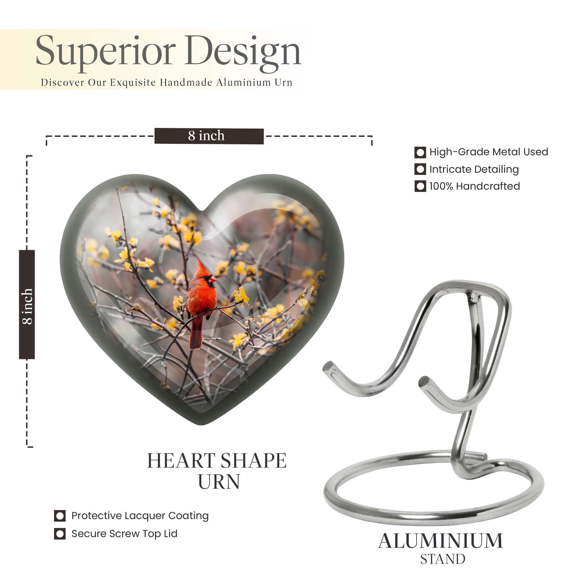 10-inch Cardinal bird heart urn with wolf theme