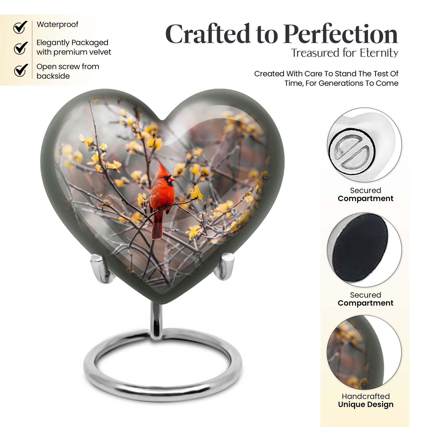 10-inch Cardinal bird heart urn with wolf theme