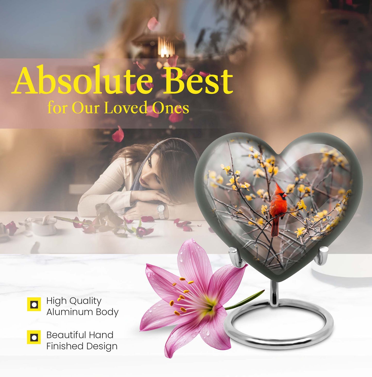 10-inch Cardinal bird heart urn with wolf theme
