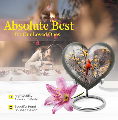 10-inch Cardinal bird heart urn with wolf theme