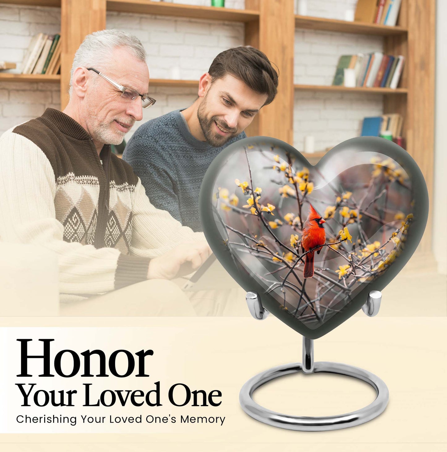 10-inch Cardinal bird heart urn with wolf theme
