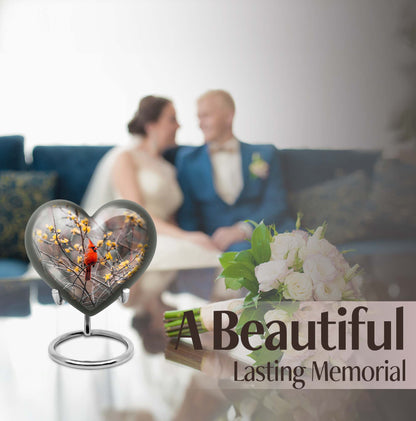 10-inch Cardinal bird heart urn with wolf theme