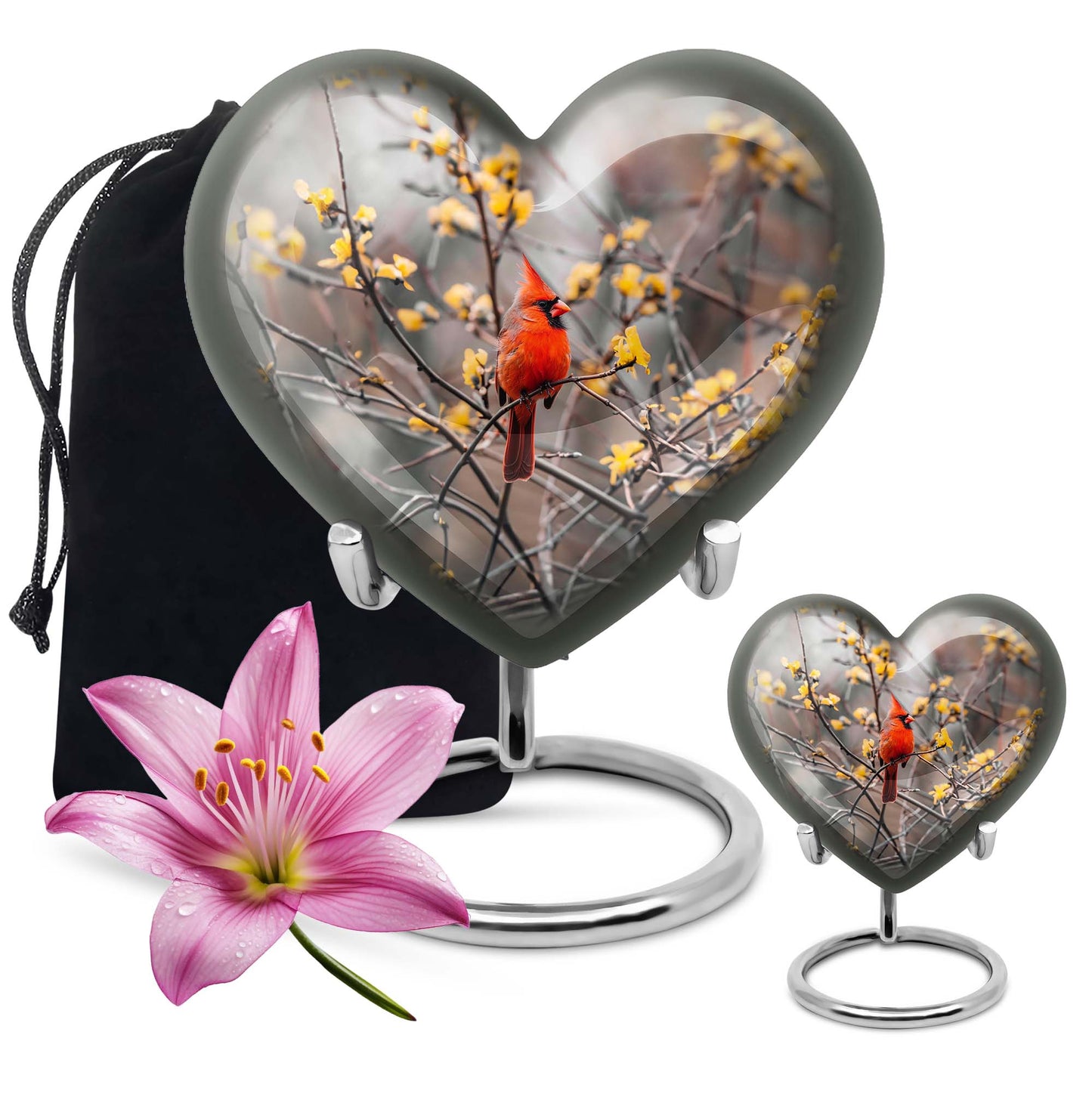 10-inch Cardinal bird heart urn with wolf theme