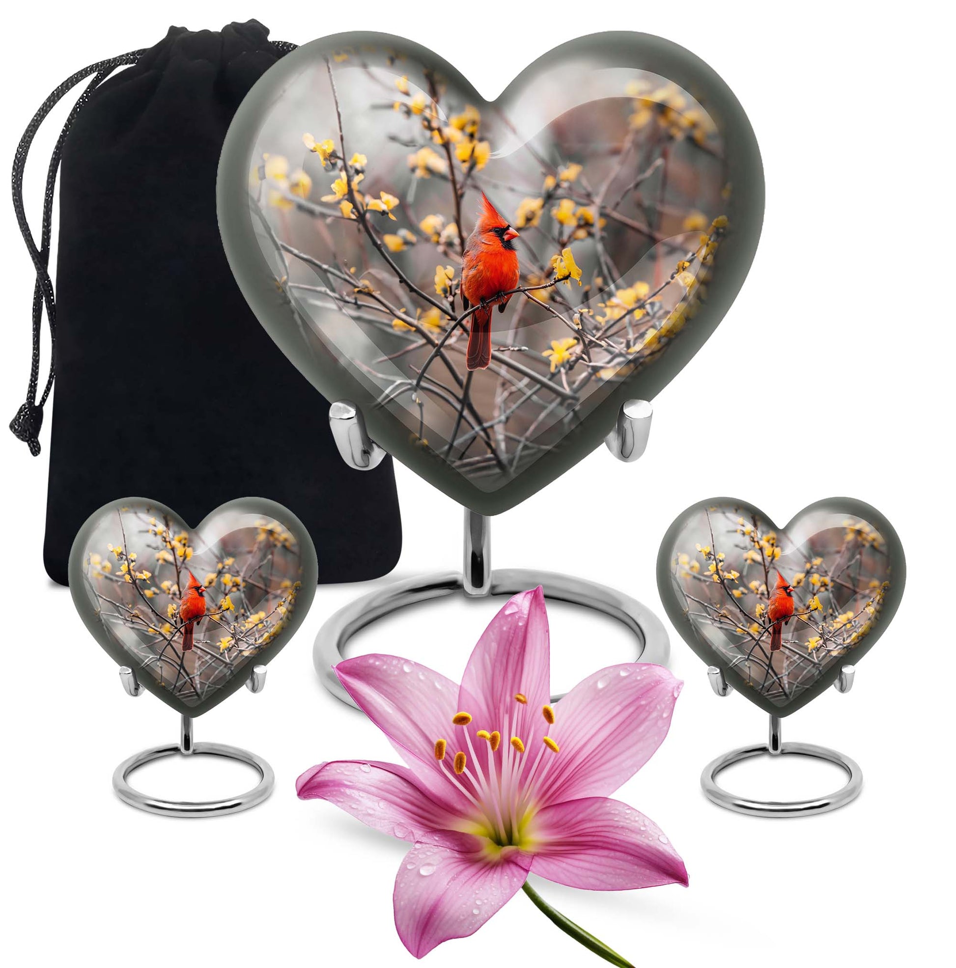 10-inch Cardinal bird heart urn with wolf theme