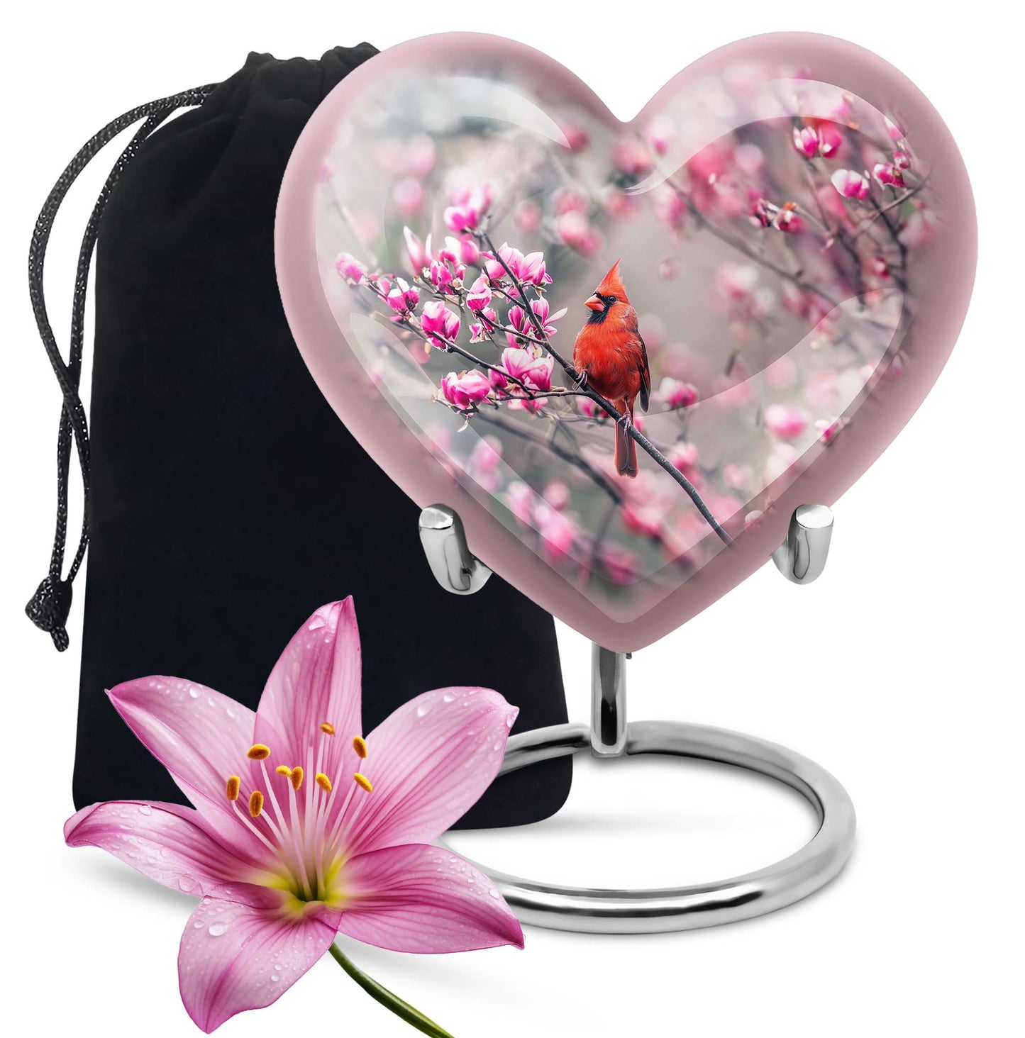 Cardinal bird themed heart urn