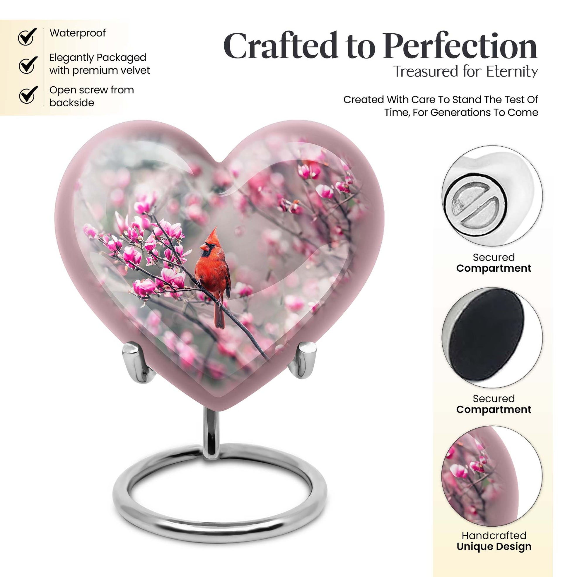 Cardinal bird themed heart urn