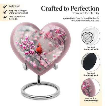 Cardinal bird themed heart urn