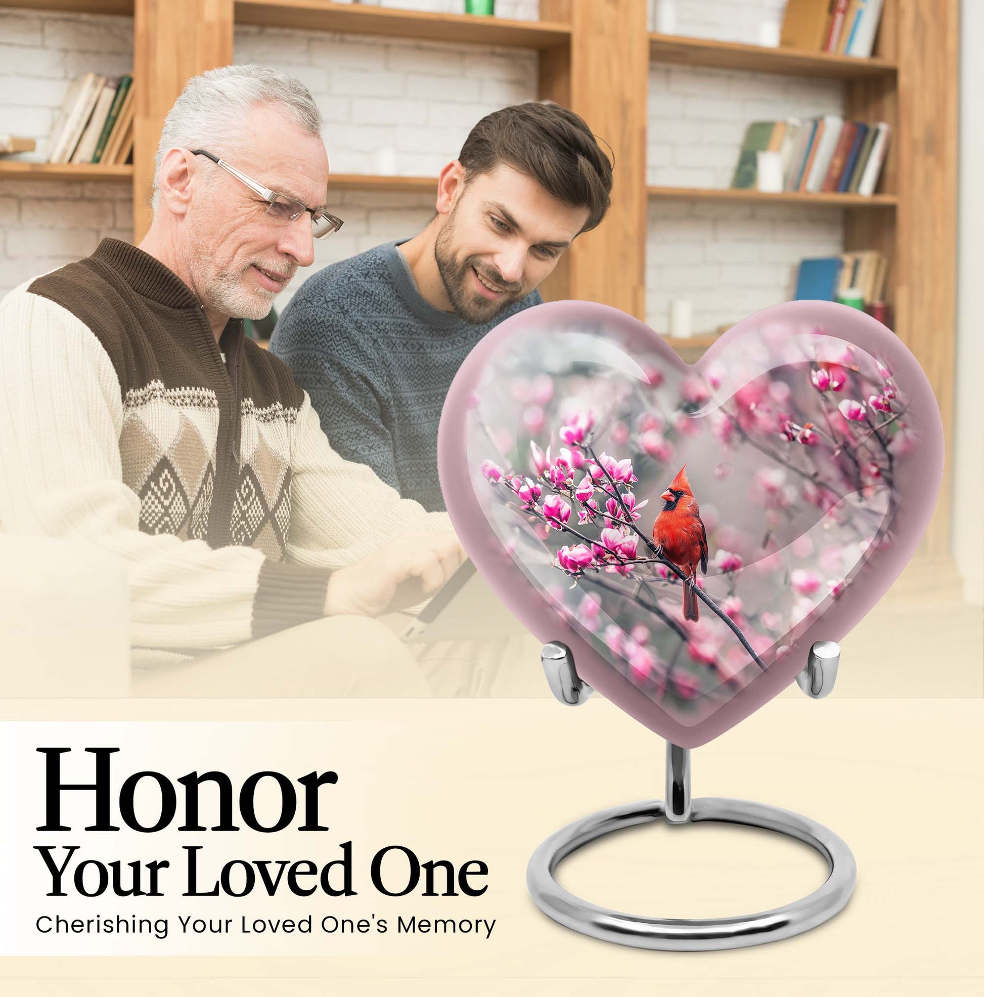 Cardinal bird themed heart urn
