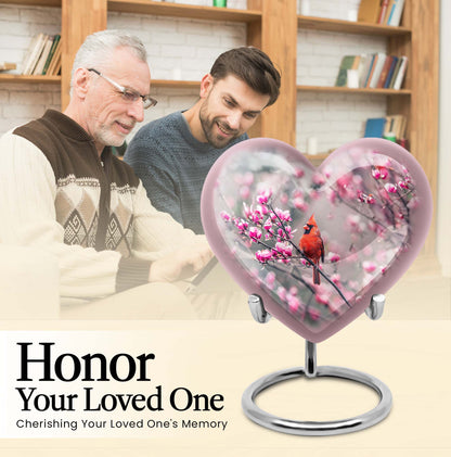 Cardinal bird themed heart urn