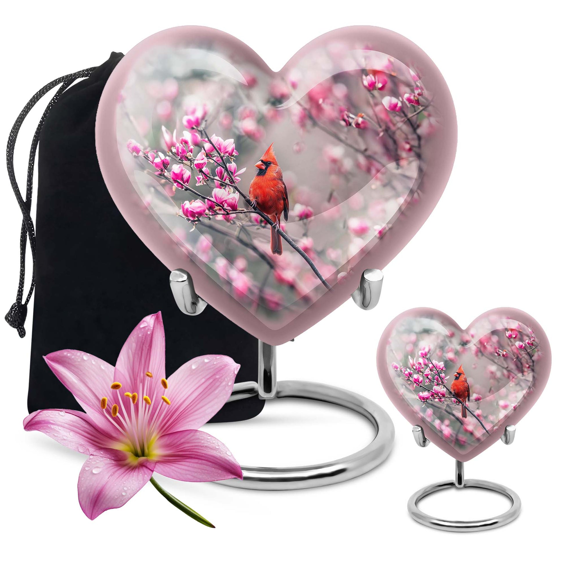 Cardinal bird themed heart urn