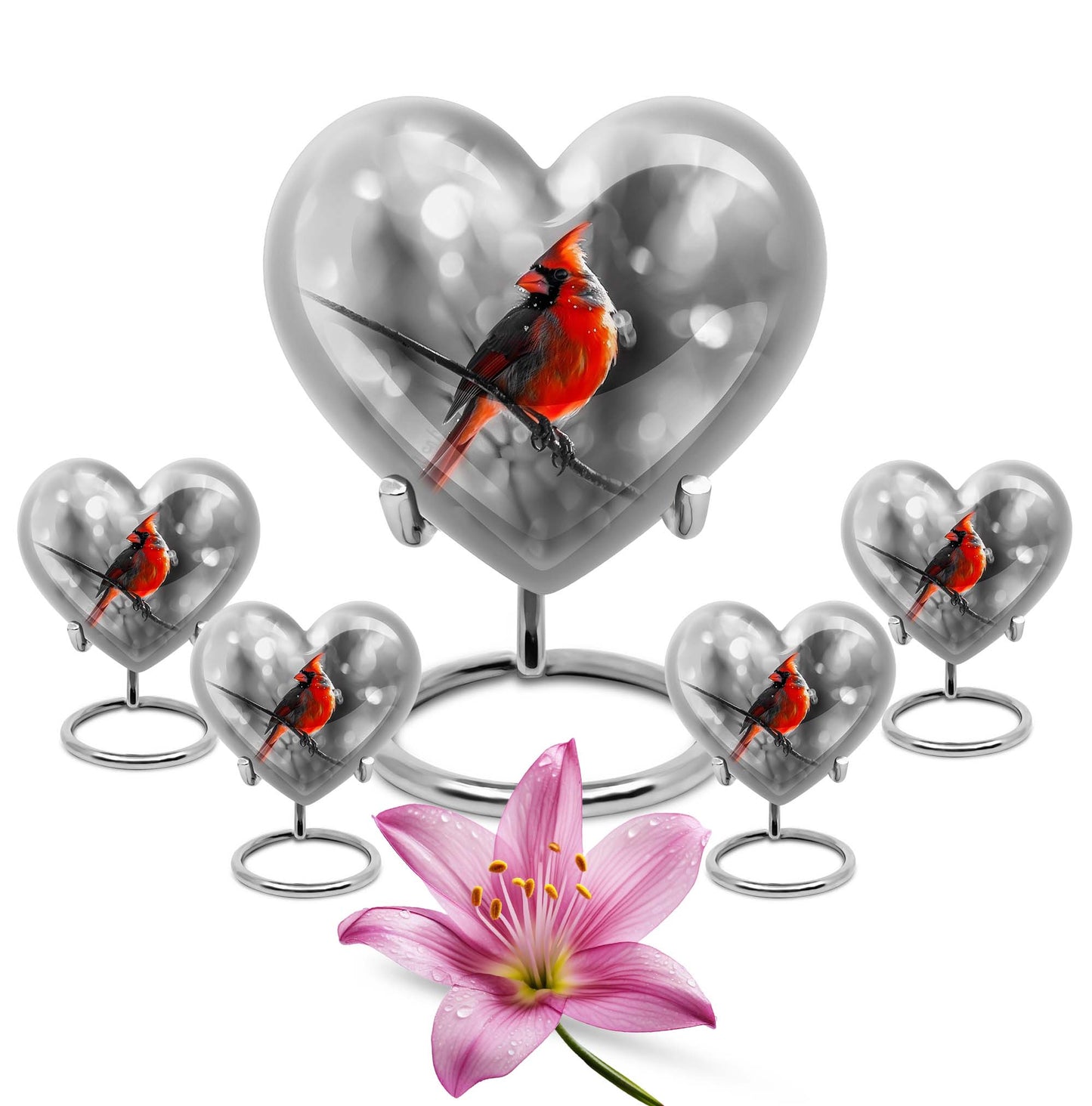 Cardinal Bird Theme Large Urn With 4 Keepsake Urn